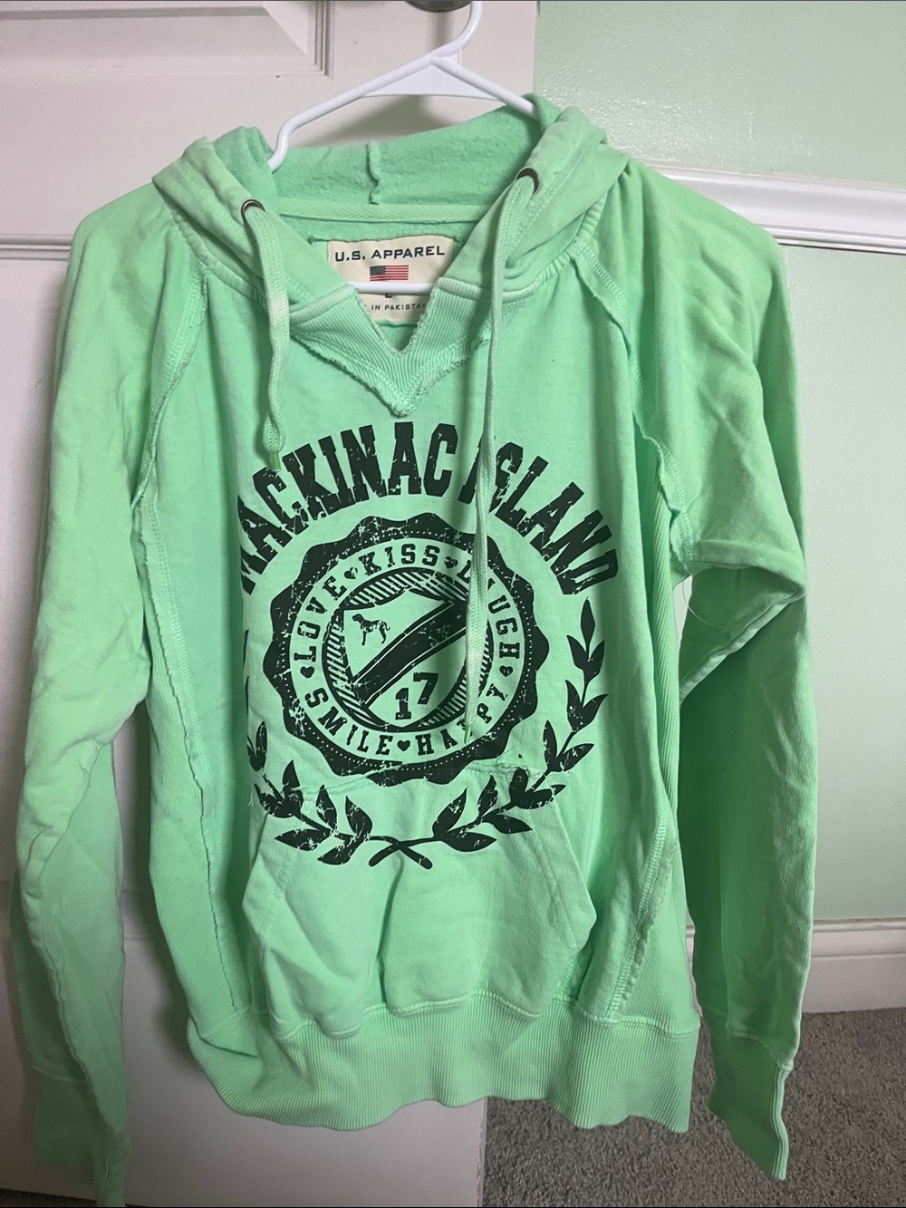 Mint Green Hooded Sweatshirt with Crest Print women large